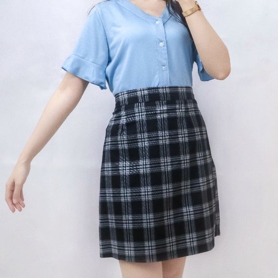 Yeji Tartan Skirt Pendek L0016 Rok Kotak Mini Span Pensil Pendek Korea Bodycon Black Hitam