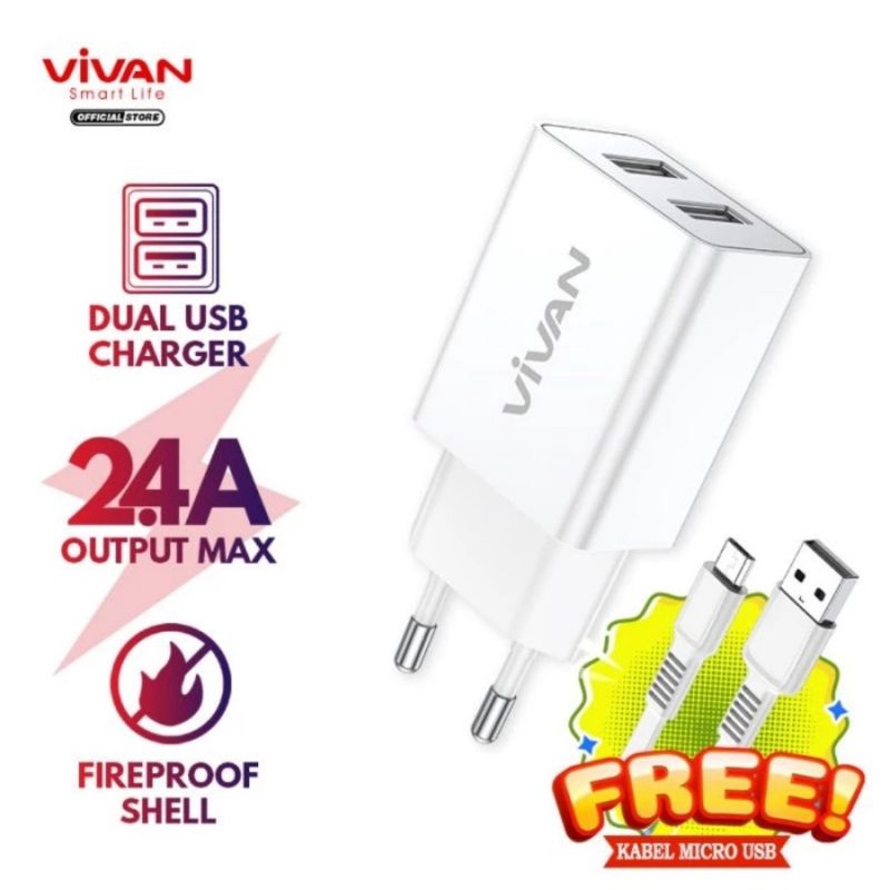 VIVAN Dual USB Charger 2.4A DD02 12W with Charging Cable