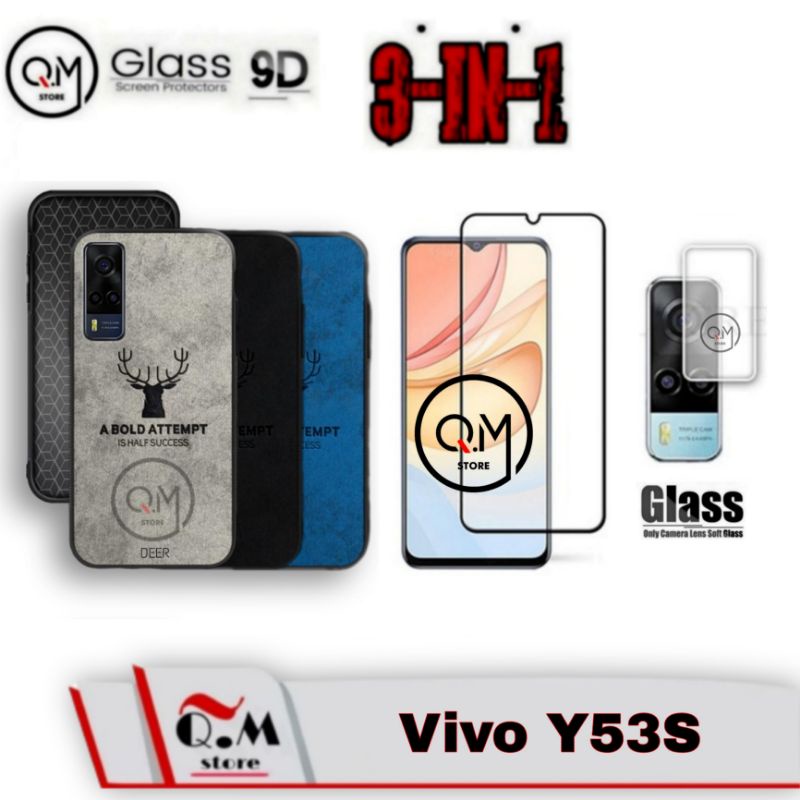 Paket 3 IN1 Case DEER Vivo Y53S Softcase DEER TPU Pelindung Back Cover Free Tempered Glass layar 9D