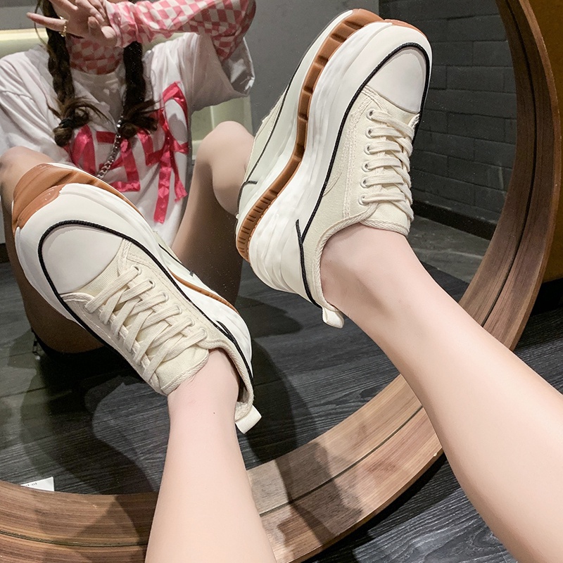 Sepatu Kets Sneakers Putih Wanita Perempuan Cewek Sekolah Korea Kasual Sepatu Olahraga Kanvas Checkerboard Sol Karet Tali Import Murah Casual Fashion White Beige Sport Shoes - Ukuran 35 36 37 38 39 40-2