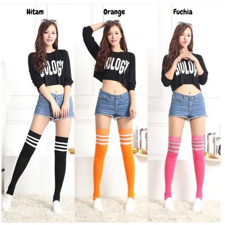 Flashmart Kaos Kaki Sepaha Overknee Polos / Strip Tiga Garis Stocking Japan Korea Cantik dan Imut / Kaos Kaki Panjang Gaya Korea Jepang Harajuku Style Stocking School