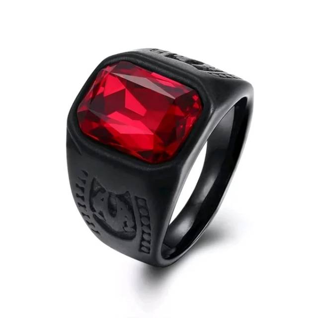 Cincin Pria Batu Red Ruby Titanium 316L Black Hitam Merah