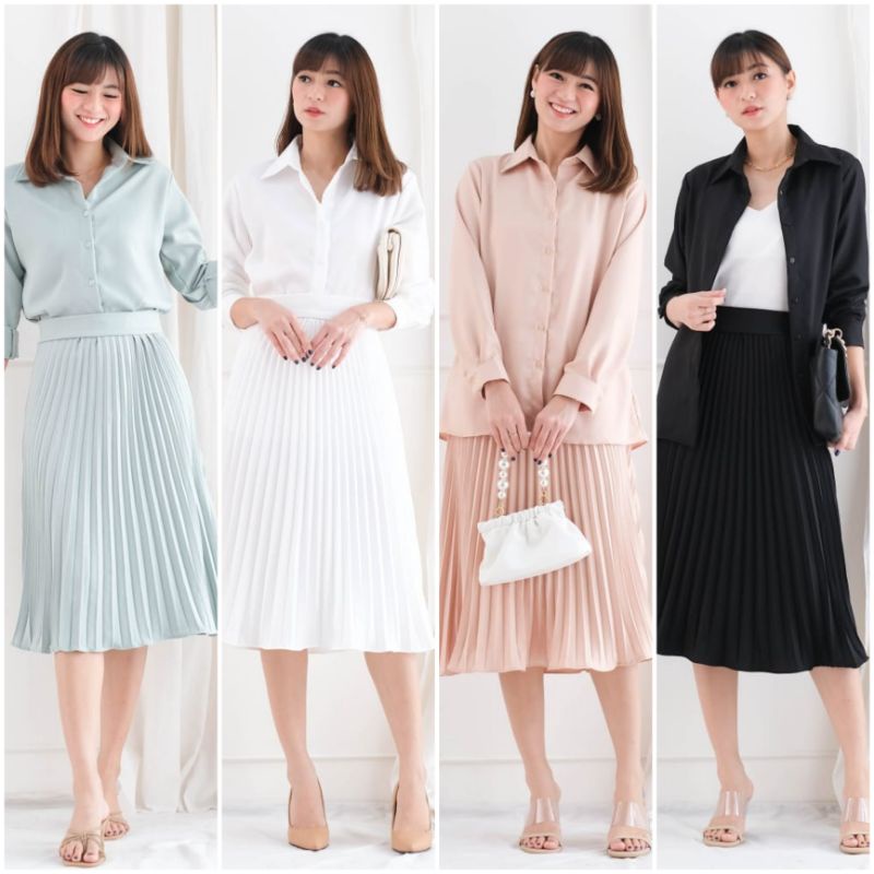 ❣️SPECIAL PRICE ♡ PREMIUM ♡ ORIGINAL ! SAPHIRE 2 IN 1 SET LONG SLEEVE SHIRT +  PLISKET PLEATED MIDI atau MAXI FLARE SKIRT / SETELAN KEMEJA LENGAN PANJANG &amp; ROK PLISKET RAMPLE ( HIJAB &amp; BUSUI FRIENDLY )