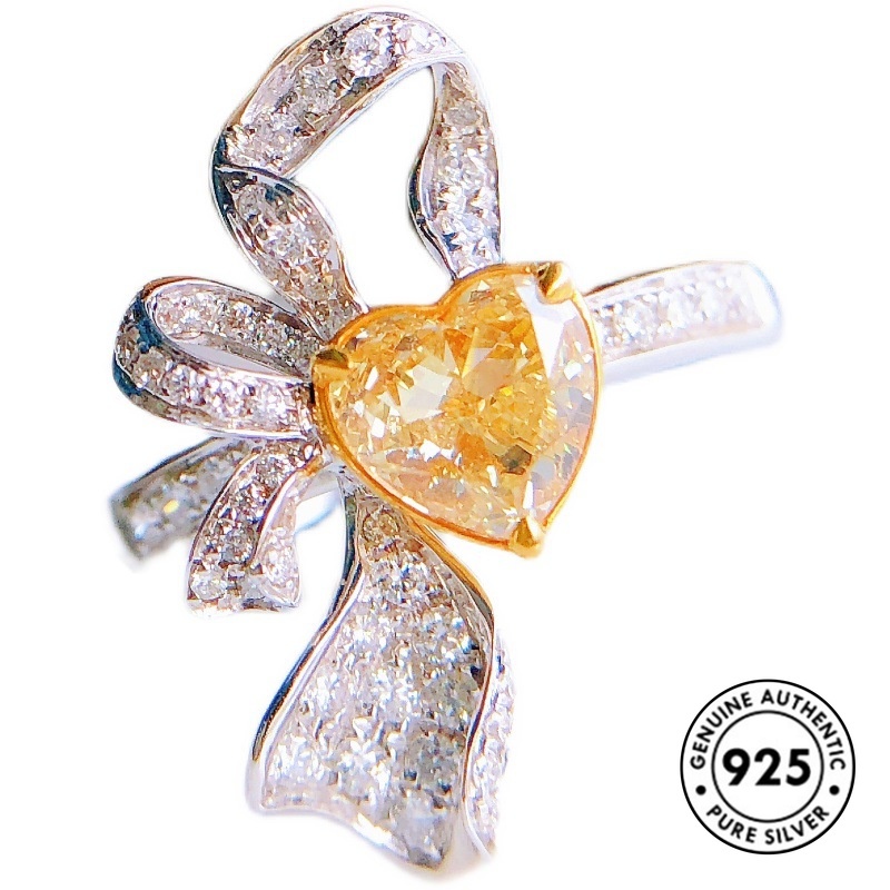 Cincin S925 Silver Bentuk Hati Aksen Berlian Warna Kuning