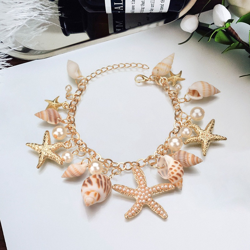 Ocean Style Multi Starfish Sea Star Conch Shell Pearl Chain Beach Bracelet Bangle