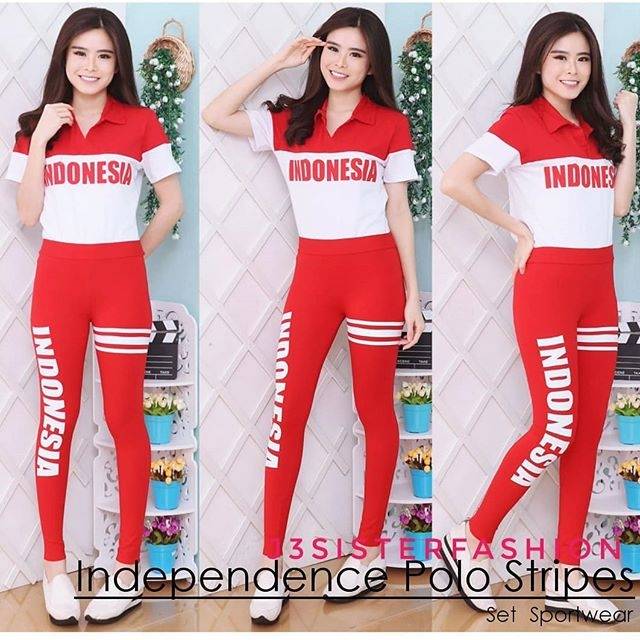 Baju senam kaos polo indonesia stripe/ setelan polo merah putih