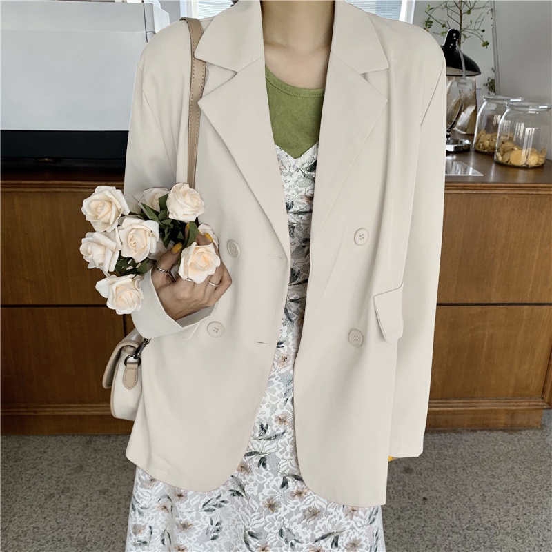 Blazer Kasual Lengan Panjang Model Longgar Warna Solid Gaya Korea Untuk Wanita