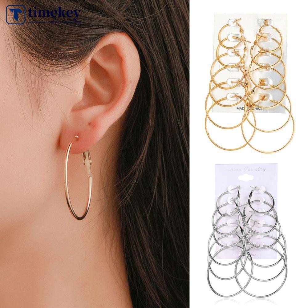 Timekey 6 Pasang / Set Anting Bulat Besar Simple Vintage Multi Ukuran Untuk Wanita / Hadiah A9K6