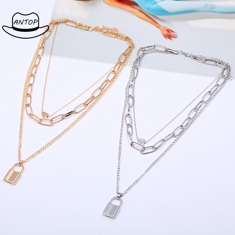 Korea Selatan Kalung Multilayer Retro Jantung Bentuk Kunci Liontin Kalung Emas Rantai Sweater Kalung Gembok Aksesoris Wanita Kalung ANTOP