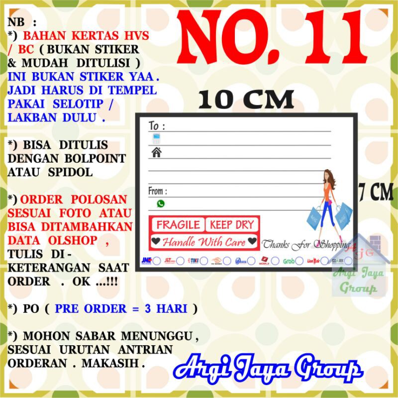 

Label Pengiriman Alamat Olshop Murah Nomer 11 - 10x7cm - Kertas BC (Manila)