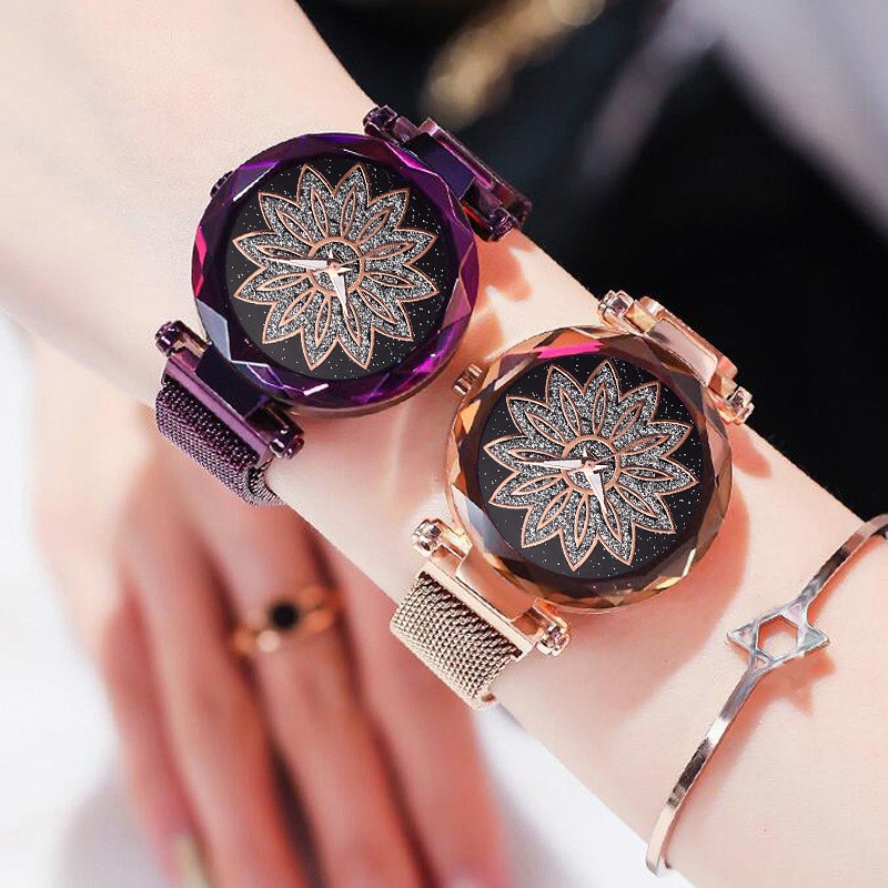 FYGALERYSURABAYA J158 Jam Tangan Perempuan Motif Bunga Glitter Rantai Magnet Woman Flower Watch Fashion
