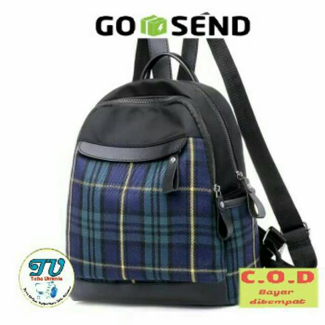 (Bisa COD) Tas rangsel wanita import desain mochila motif kotak kotak biru