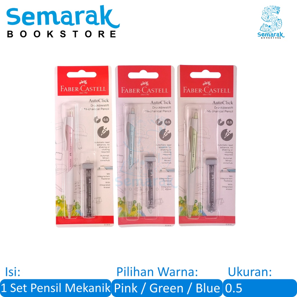 

Faber Castell AutoClick Mechanical Pencil Set Pensil Mekanik dan Isinya 2B 0.5 - Pink / Green / Blue