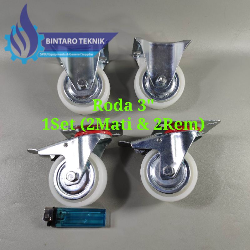 Roda Caster Kastor 3" 3Inch Nylon Nilon Roda Trolly Troli Gerobak 1Set 2 Roda Mati & 2 Hidup+Rem