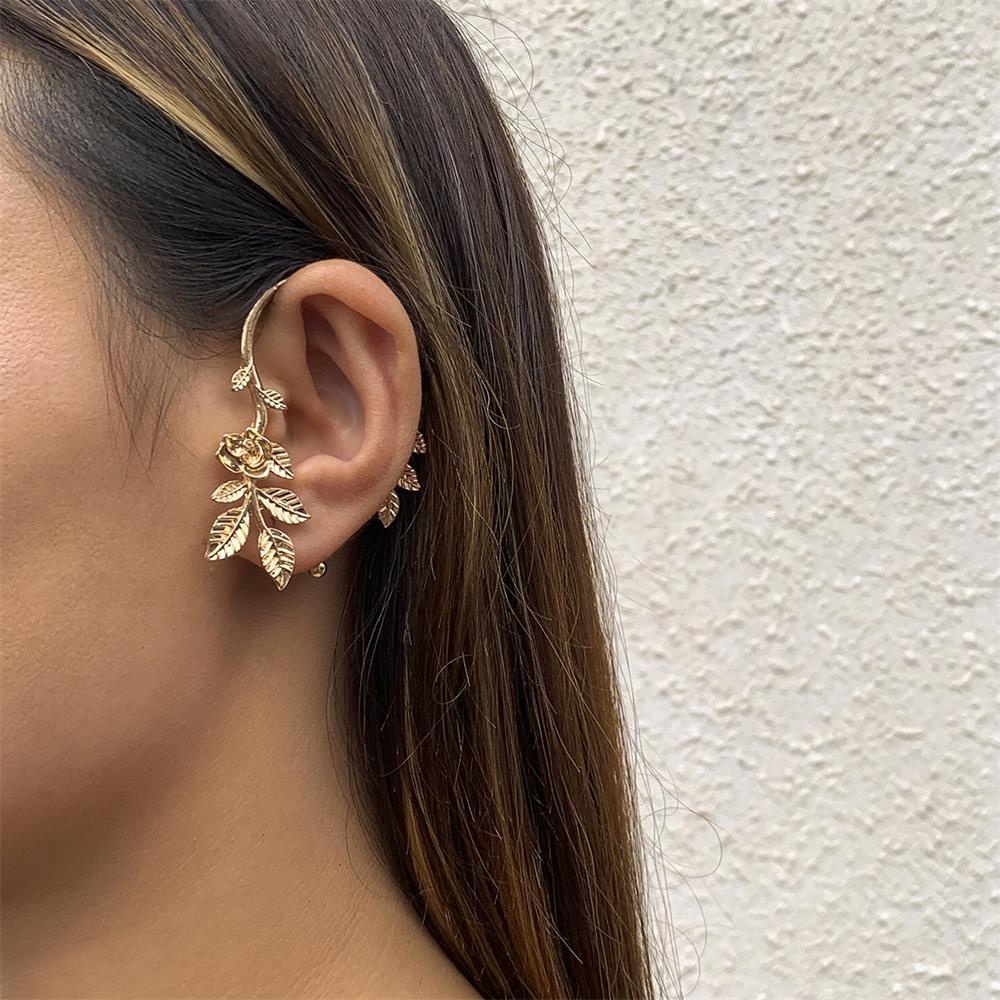 Lily Bunga Daun Manset Telinga Aksesoris Pesta Warna Emas Gaya Vintage Tulang Rawan Ear Stud