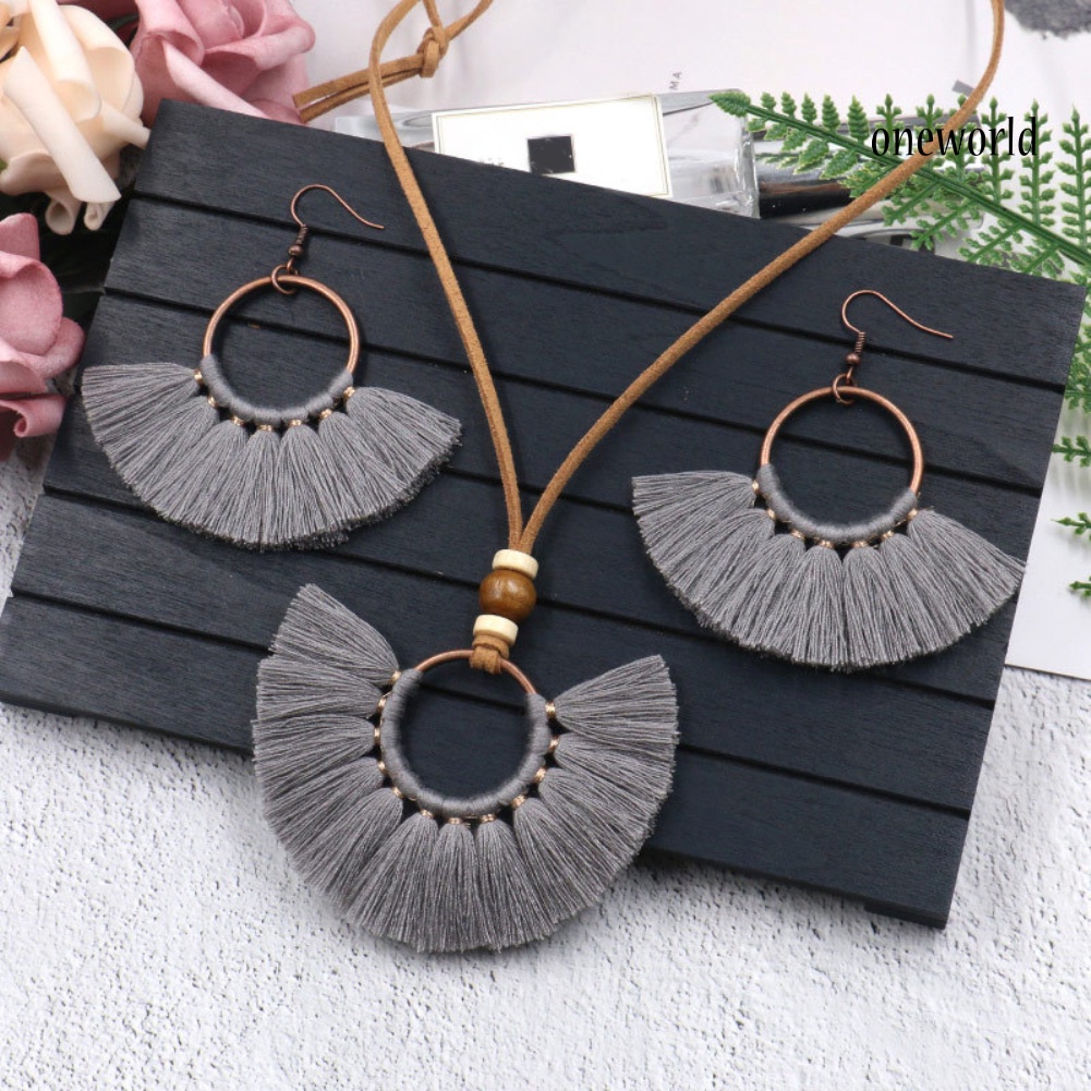 OW@ Bohemian Women Round Pendant Fringe Tassel Rope Necklace Earrings Jewelry Set