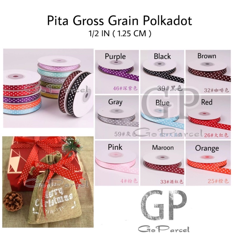 ( Rol 20 Yard ) PITA GROSSGRAIN POLKADOT 0.5 INCH / 1.25 CM / 1/2 IN PITA GROSGRAIN ONDE KECIL / BESAR HIASAN KADO / PARCEL / GIFTS PARSEL