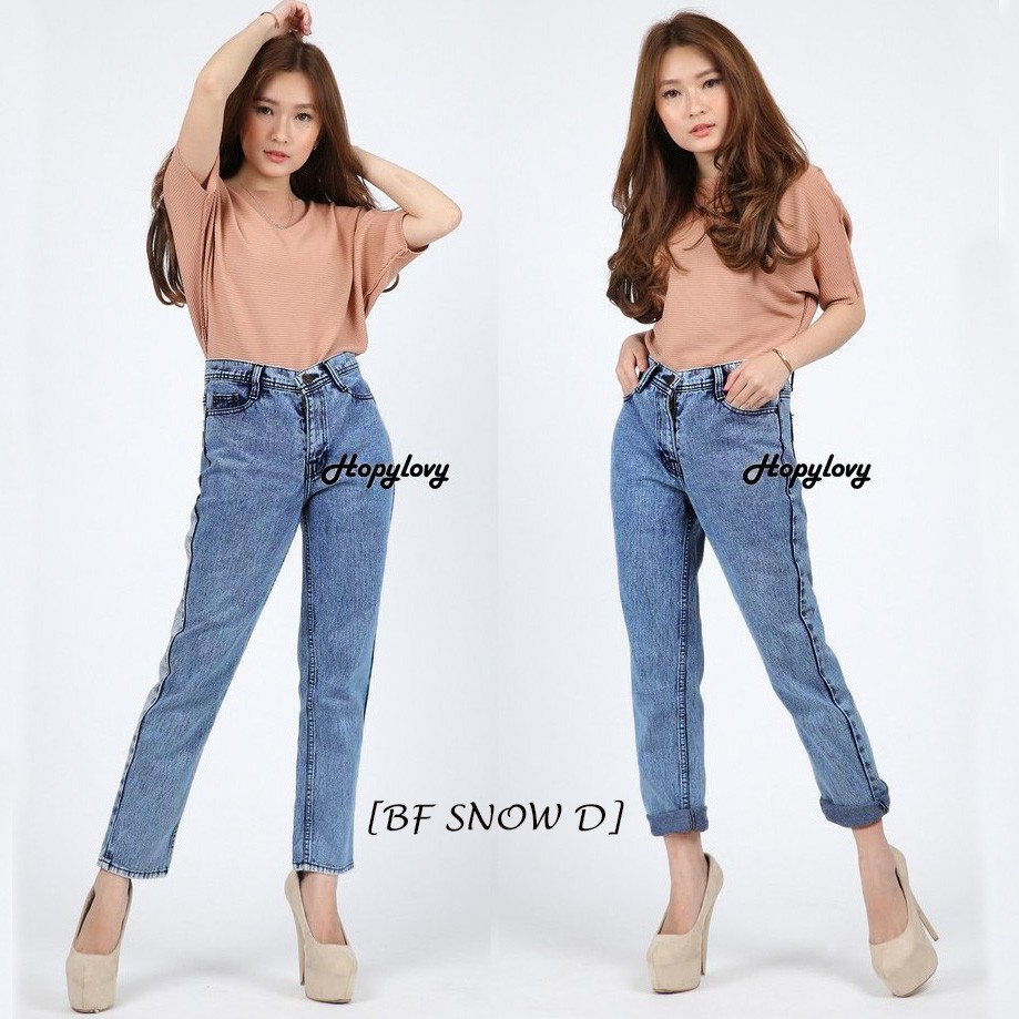 HOPYLOVY SALE Celana Highwaist Wanita Plain Boyfriend Jeans BF ACID