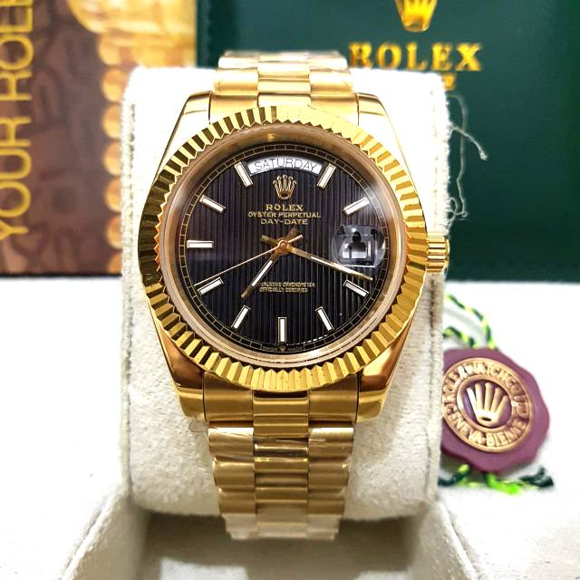 JAM TANGAN PRIA ROLEX DAY DATE GOLD BLACK DIAL AUTOMATIC FULL SET BOX ORIGINAL