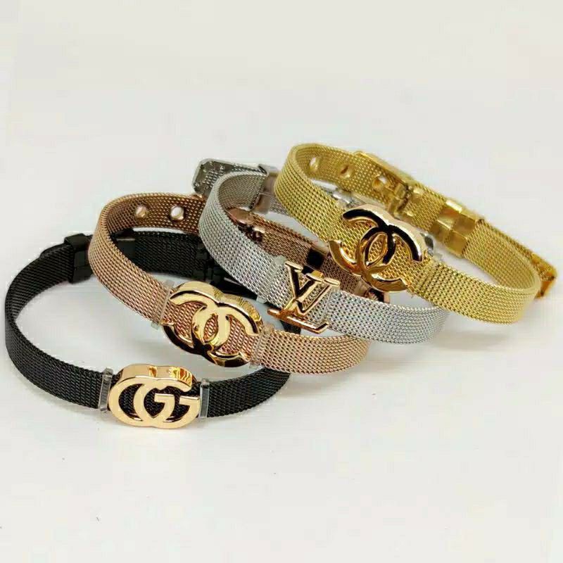 Fourfashion Gelang Titanium Premium Liontin Lapis Emas Gelang Rantai Pasir