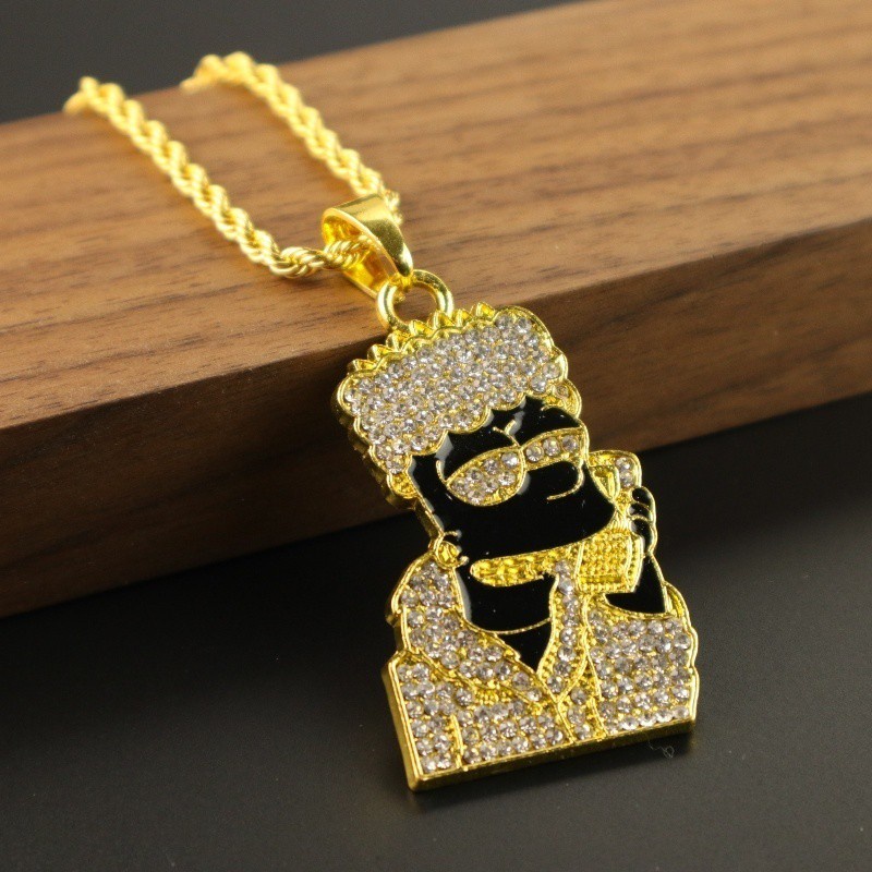 Kalung Liontin Lensa Kacamata Hitam 18K gold Hias Zircon Gaya Hip Hop Rock Untuk Pria