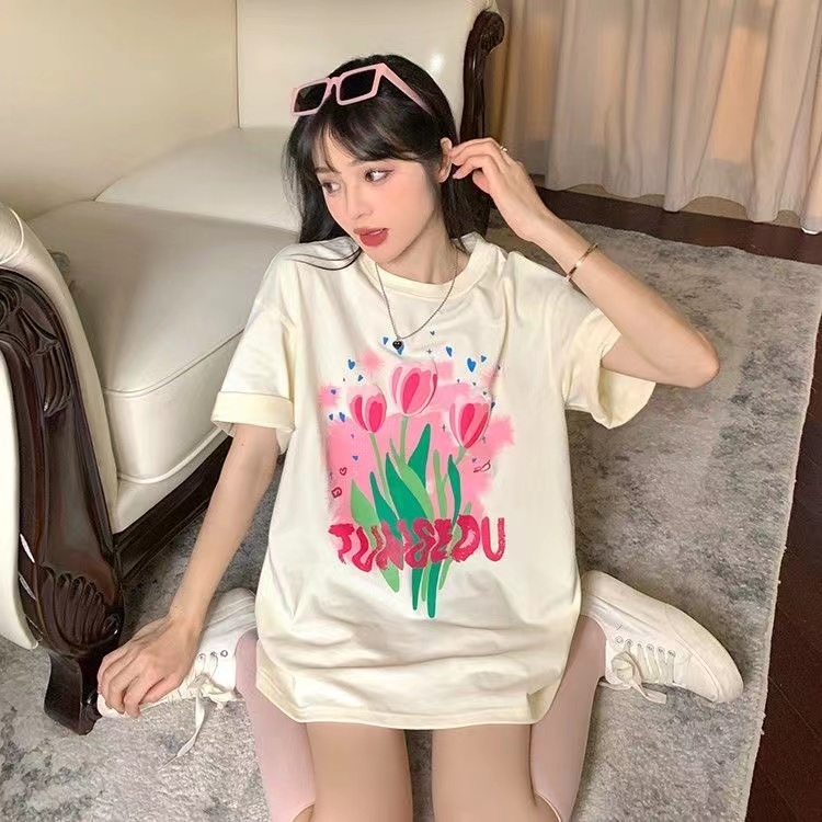 XIAOZHAINV Korean Style Tulip Pattern Washed Printing Kaos Wanita A0220