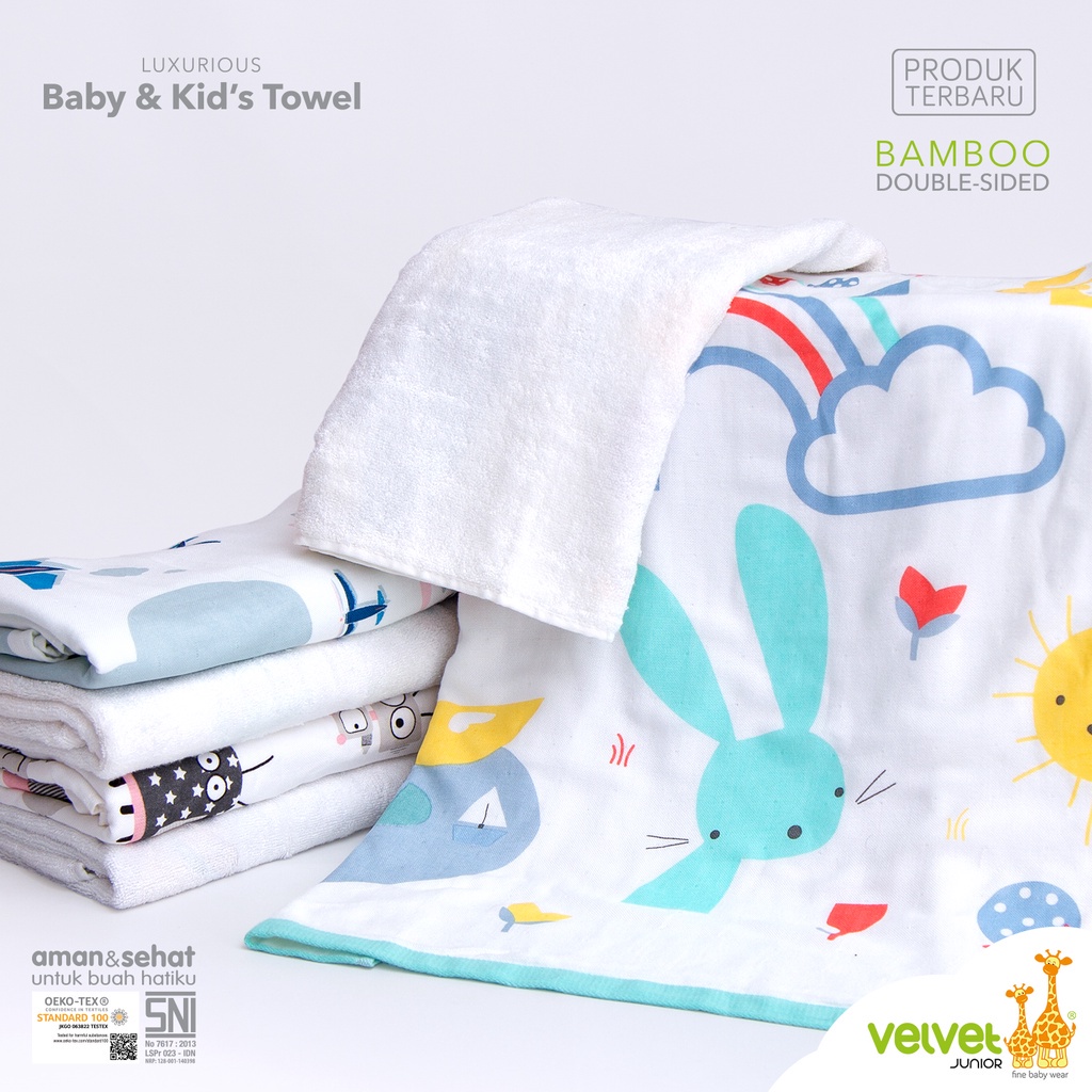 Velvet Junior Bamboo Towel 120x60 / Handuk Mandi Bayi &amp; Anak Bamboo Double Sided