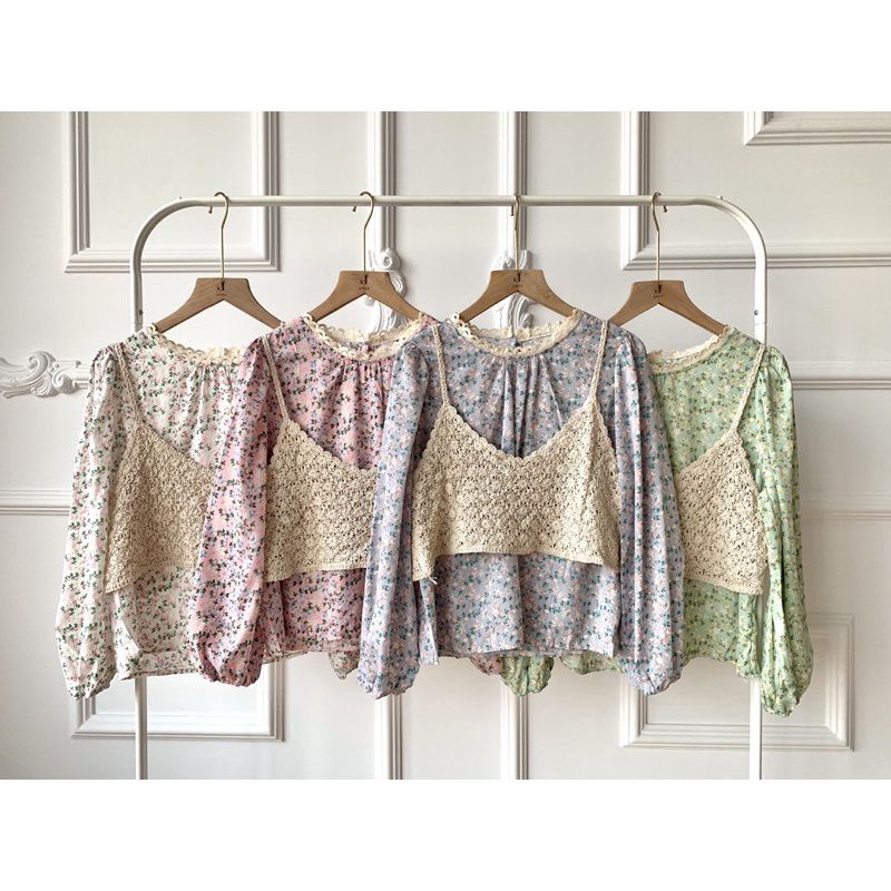 Vintage blouse Korea 2in1 rompi blouse bunga Korea blouse silk Korea blouse murah ala selebgram