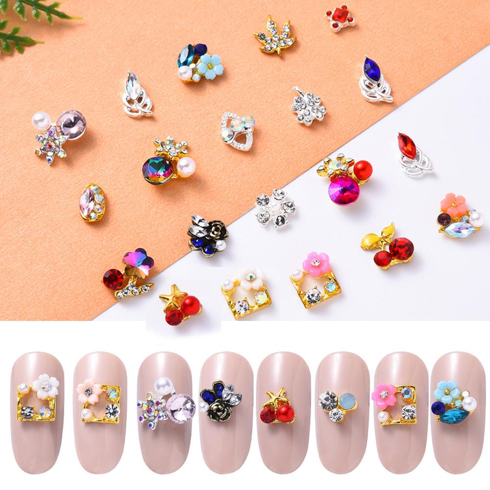 AUGUSTINA Agustinina Nail Art Zircon Lucu Alloy 3D Hati Bunga Ceri Mutiara Bintang Berujung Lima Kuku Berlian Imitasi