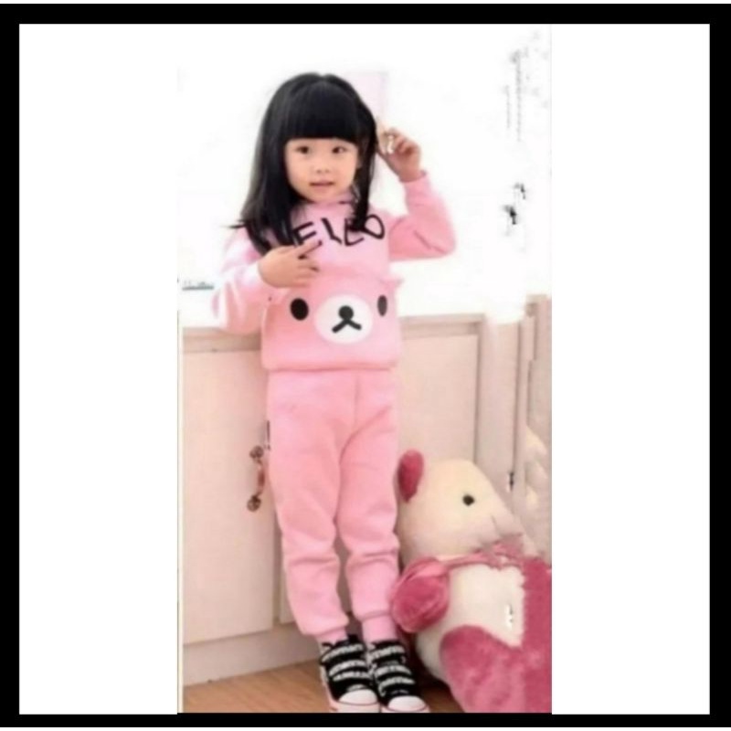 setelan HODDIE anak perempuan terbaru motif HELLO 1-5 tahun