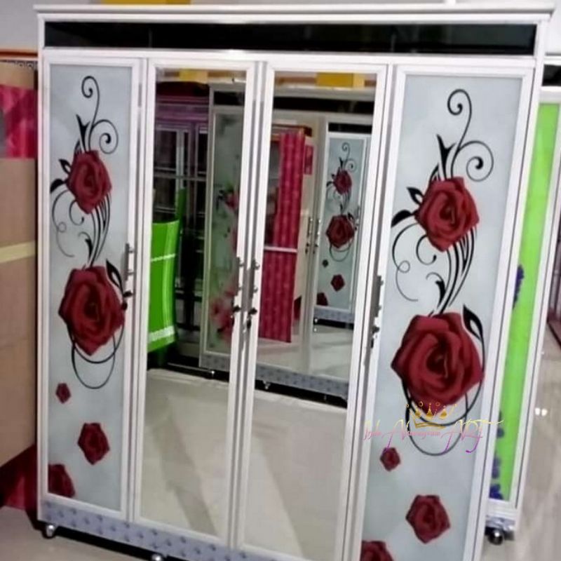 Lemari Pakaian / Baju Besar Pintu 4 Bahan Kaca Alumunium Motif Bunga