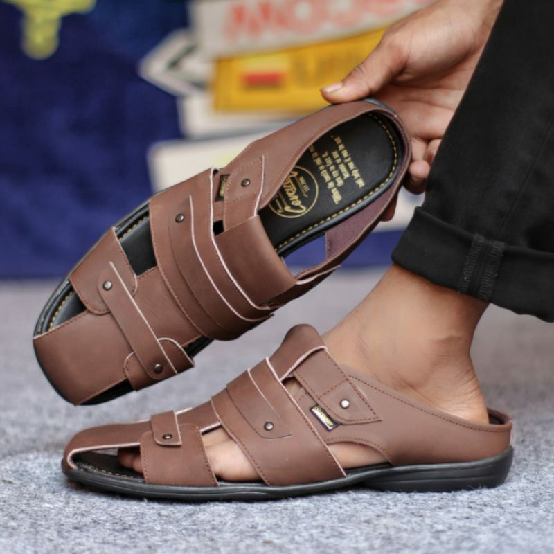Sandal Bustong Pria Kulit Asli Sepatu Sandal Casual Semi Formal Original Slop Santai