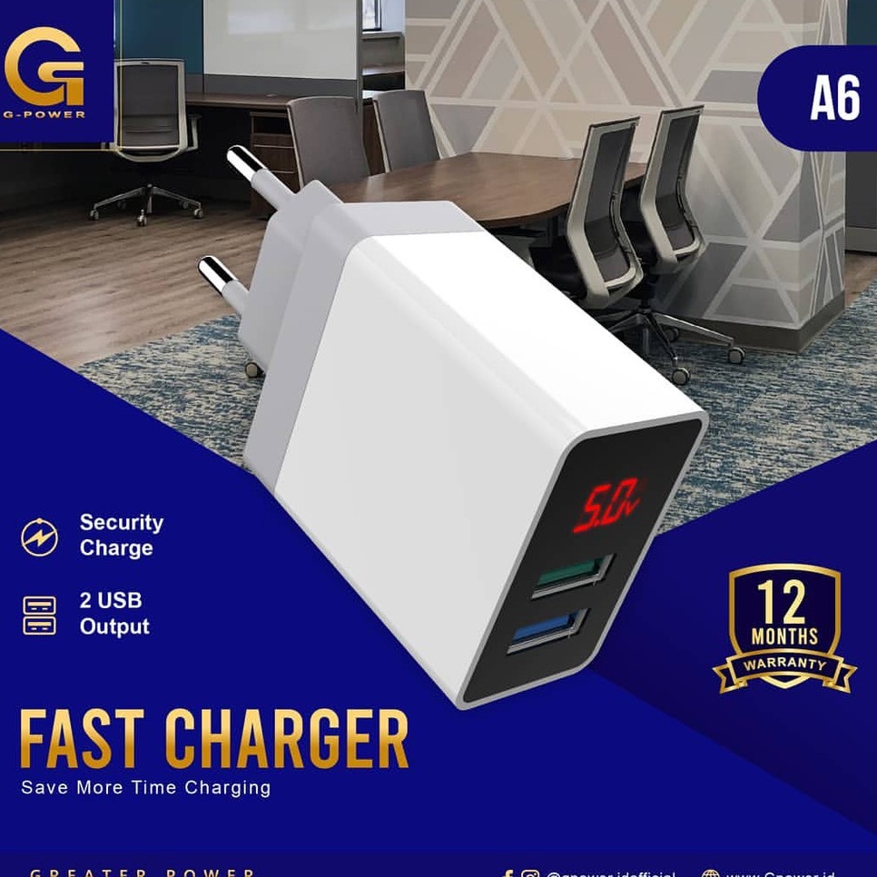 GPOWER FAST CHARGER A6 WITH 2 USB OUTPUT &amp; SECURITY CHARGER GARANSI 1 TAHUN