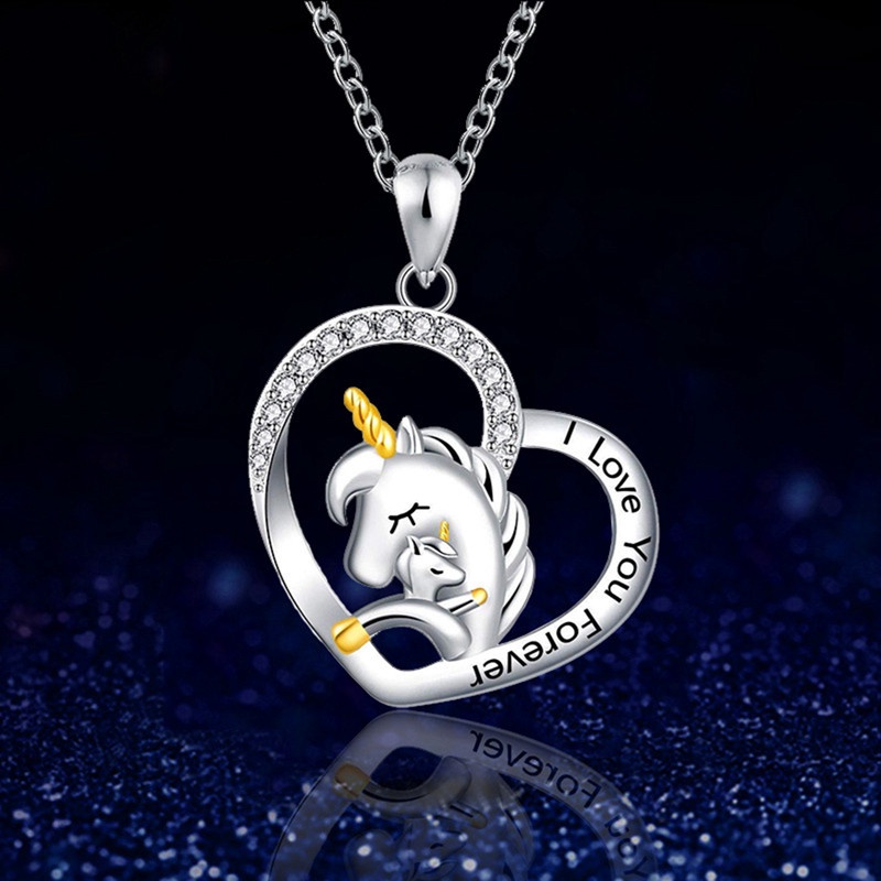 Kalung Rantai Sterling Silver 925 Dengan Liontin Hati Motif Ukir Unicorn Untuk Wanita