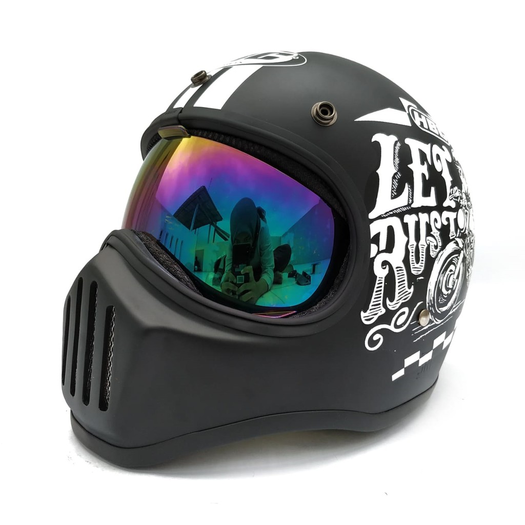 Helm Cakil HBC Rust Dust Black Font White + Inner Visor Chrome ( Fullface / Retro / Klasik / Vespa )