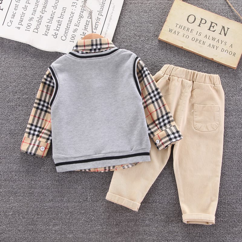 anaanakstore - setelan import premium 3in1 anak laki laki motif vest burcream &amp; burgrey