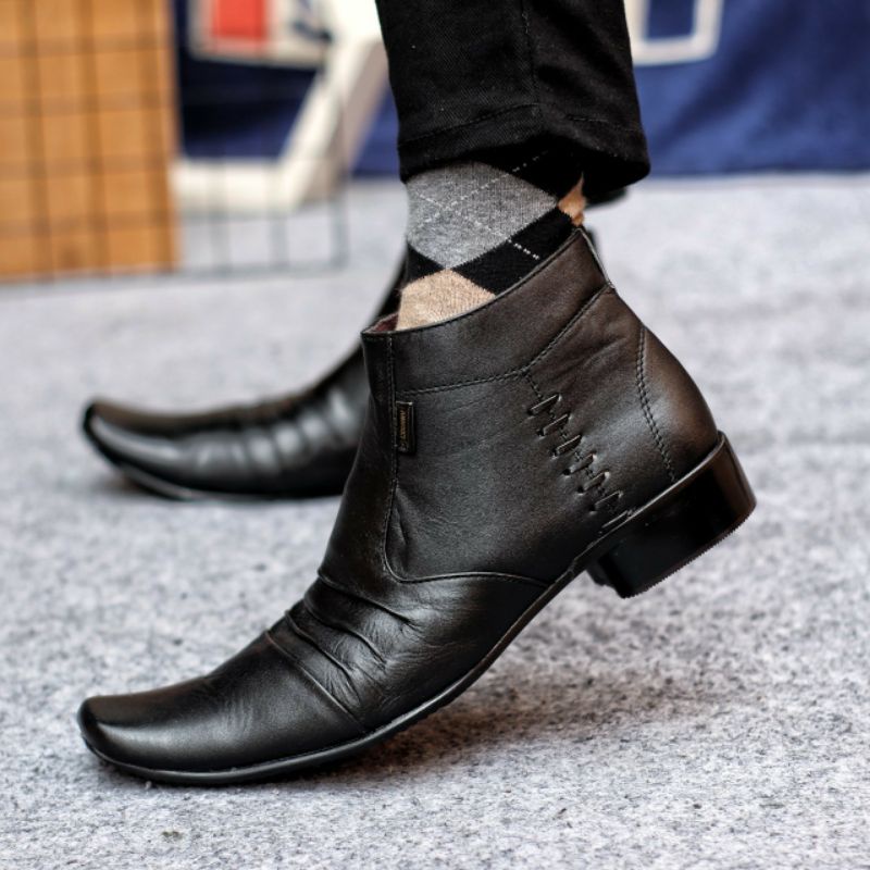 BADAMI BLACK Sepatu Pantofel Zipper Resleting Pria Kulit Asli Tinggi Lancip