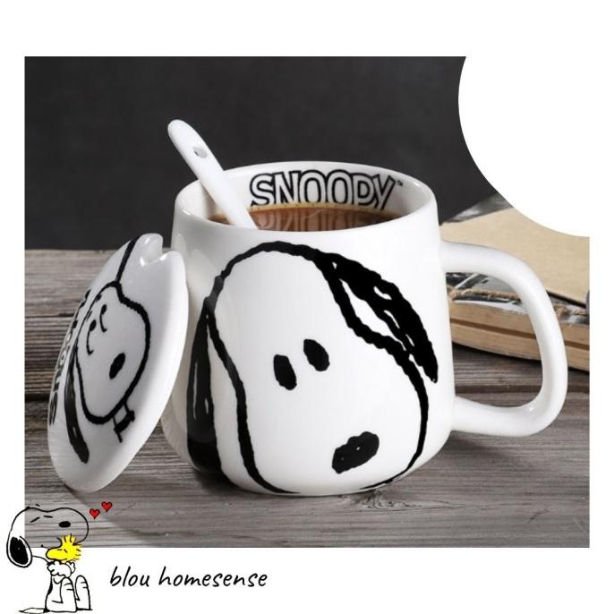 Gelas Snoopy Keramik Dengan Tutup dan Sendok Lucu Gelas Teh Kopi -Diskon Besar