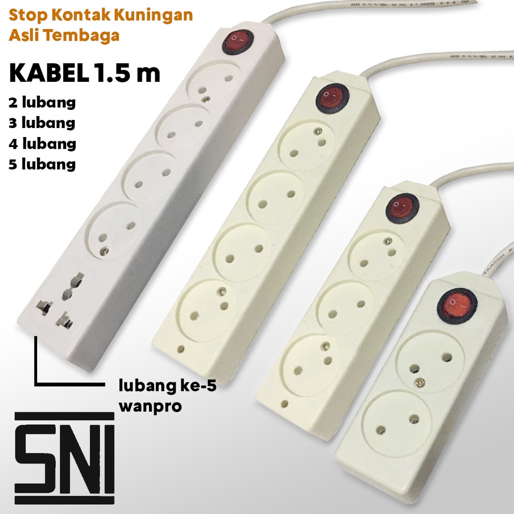 Stop Kontak Kabel Colokan Gepeng Tipis 2 3 4 5 Lubang Panjang Kabel 1,5M Kuningan SNI COD