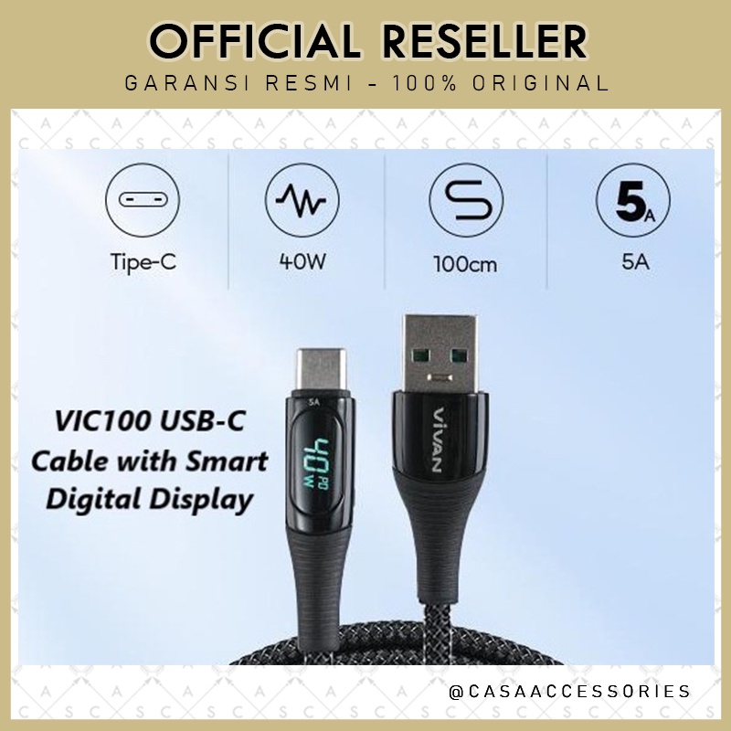 Vivan VIC100 USB-C Quick Charge Cable Smart Digital Display Type-C / Kabel Data Fast Charging Android