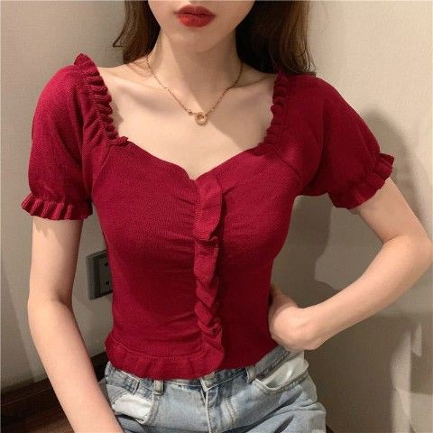 Crop Top Sabrina Rajut Korea Model Lengan Pendek Blouse Atasan Wanita PasBody -1112-Merah