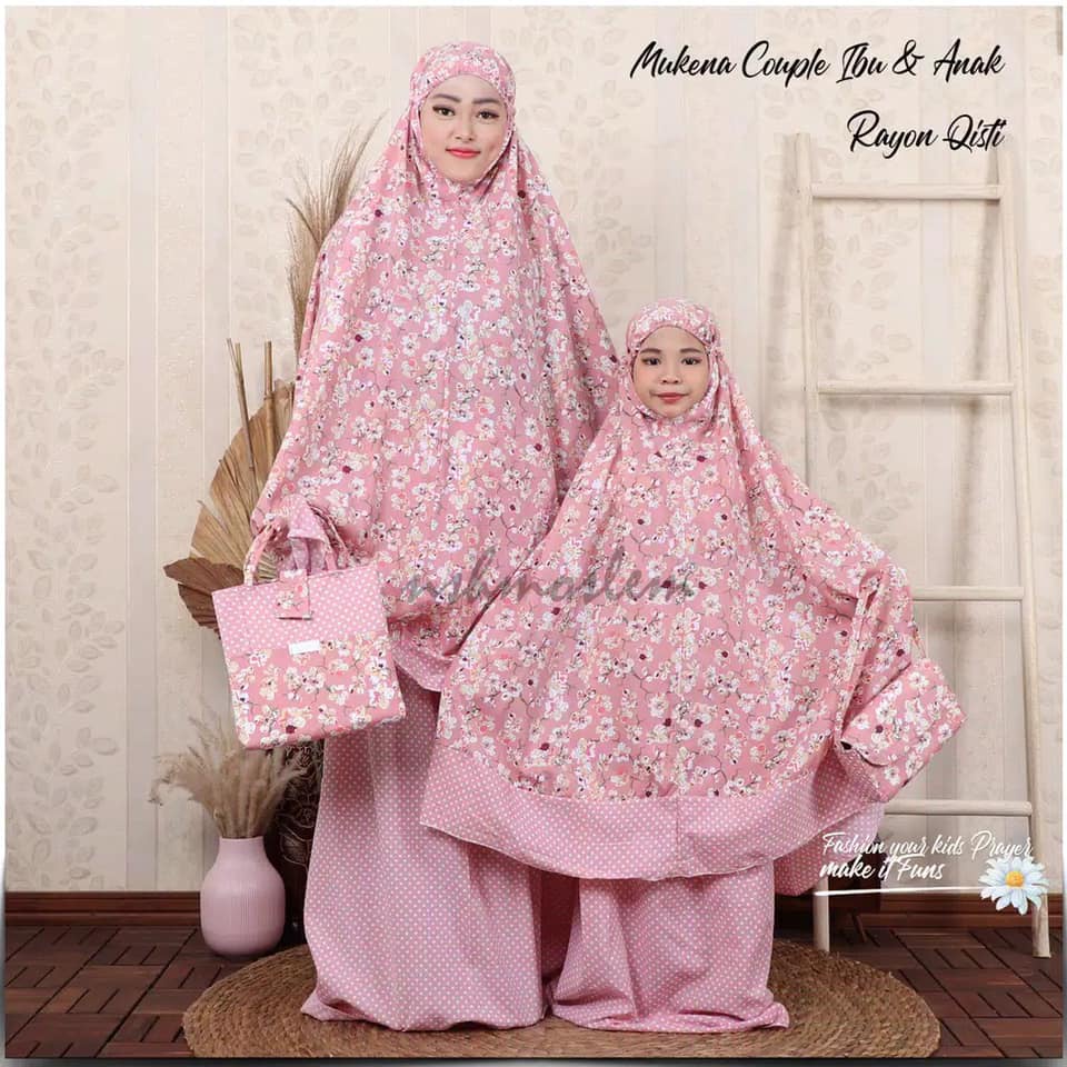 Mukena Couple Ibu dan Anak Rayon Oisti Motif Bunga