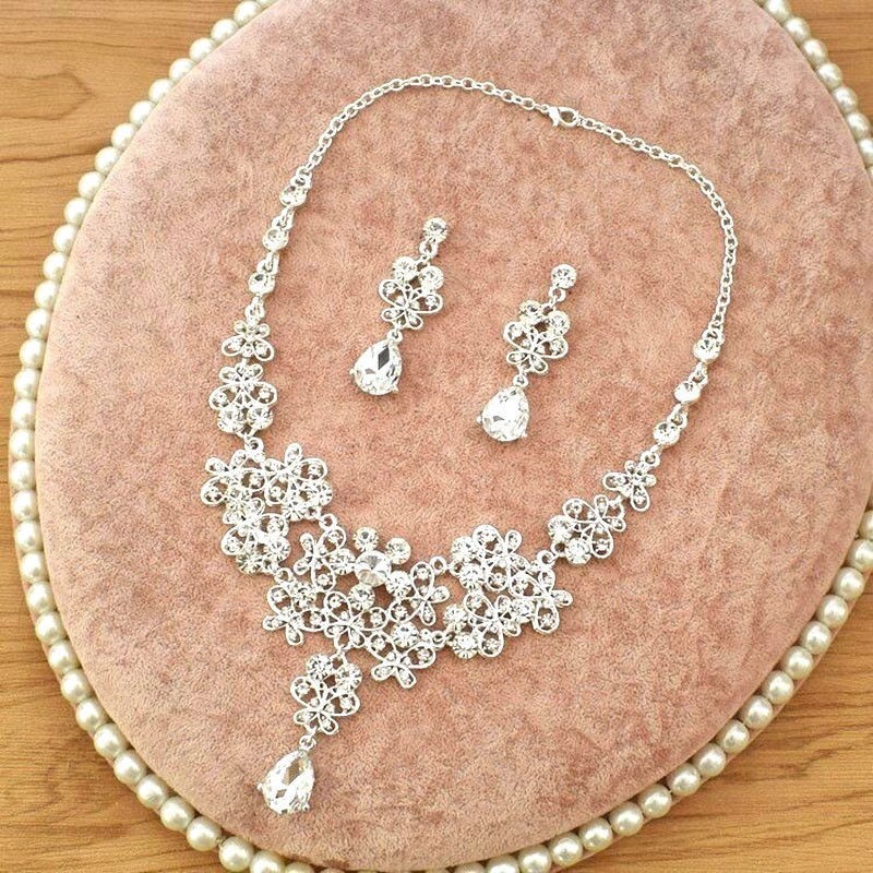 Girl Wedding Bridal Crystal Rhinestone Necklace Earrings Crown Tiara Jewelry Set