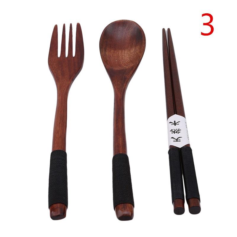 Set 3pcs Peralatan Makan Sendok Garpu Sumpit  Bahan Kayu  