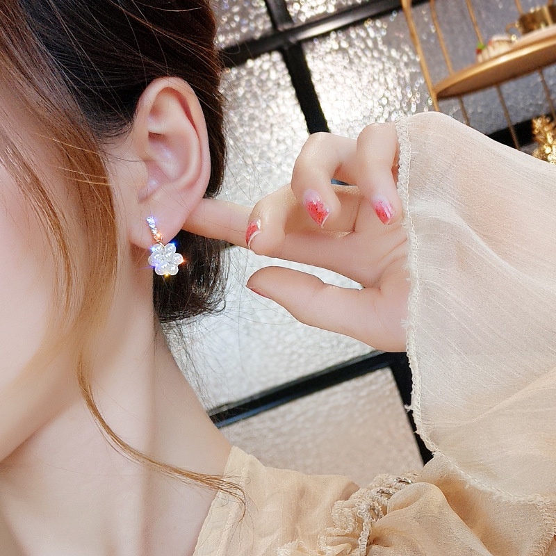 Anting 925 Silver Needle Bentuk Bola Mutiara Berlian Gaya Korea Untuk Wanita