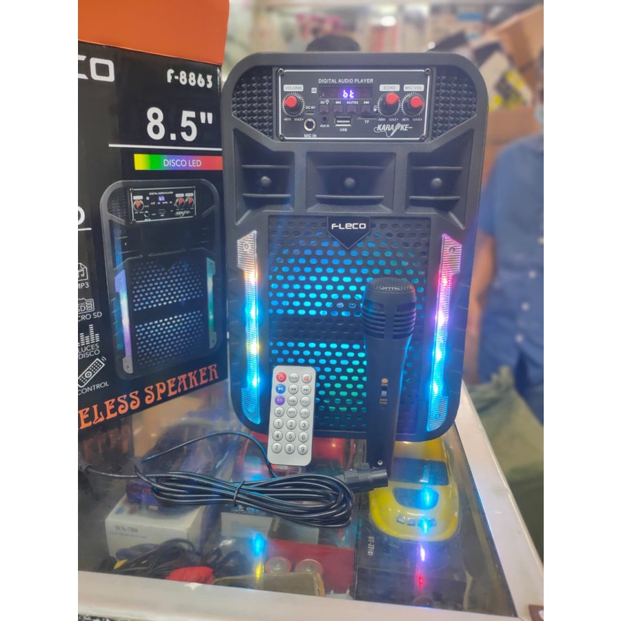 Speaker Bluetooth Portable Fleco F-8863 Gratis Microphone +Remote  Suara Bass