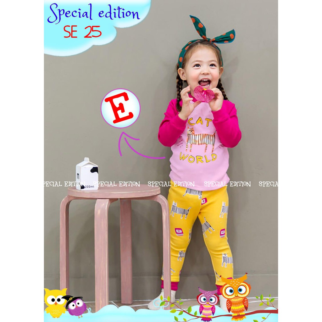 setelan baju tidur anak SE 25-E Piyama Cat world pink yellow