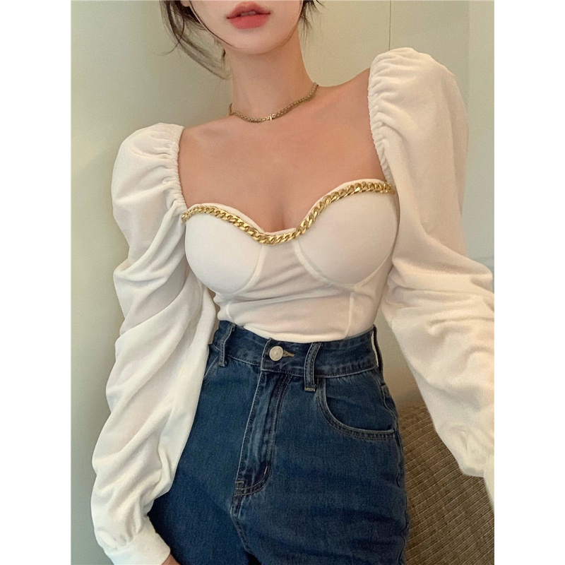 Suhao Lengan Puff Chain Shirt French Square Neck Shirt Cropped Top