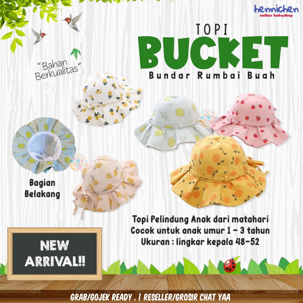 Topi Bucket Bundar Rumbai Buah bayi Anak perempuan Summer Hat Girly bundar pantai summer bucket hat baby motif buah CNA