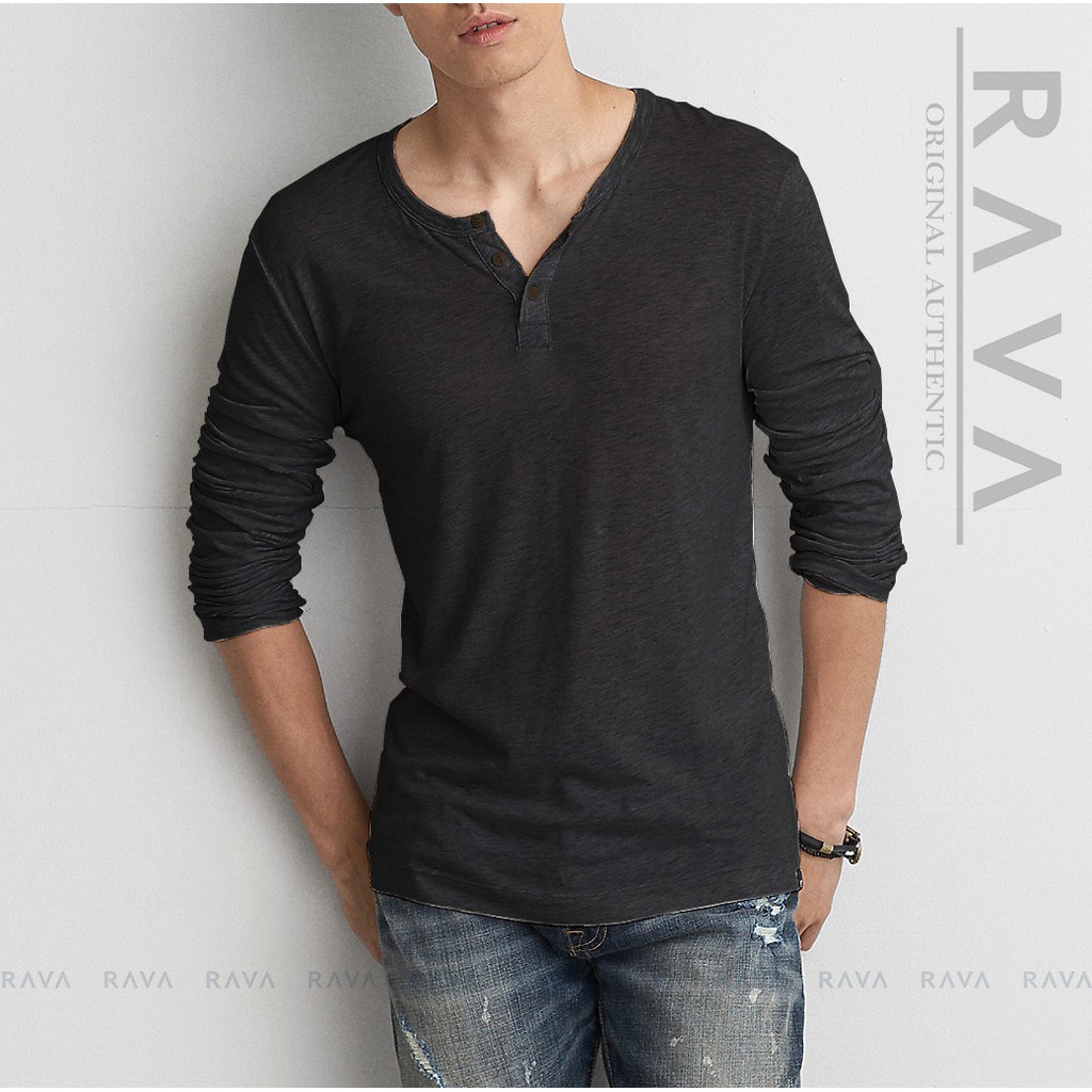 RAVA Baju Kaos Henley  Lengan Panjang Kancing ORIGINAL 